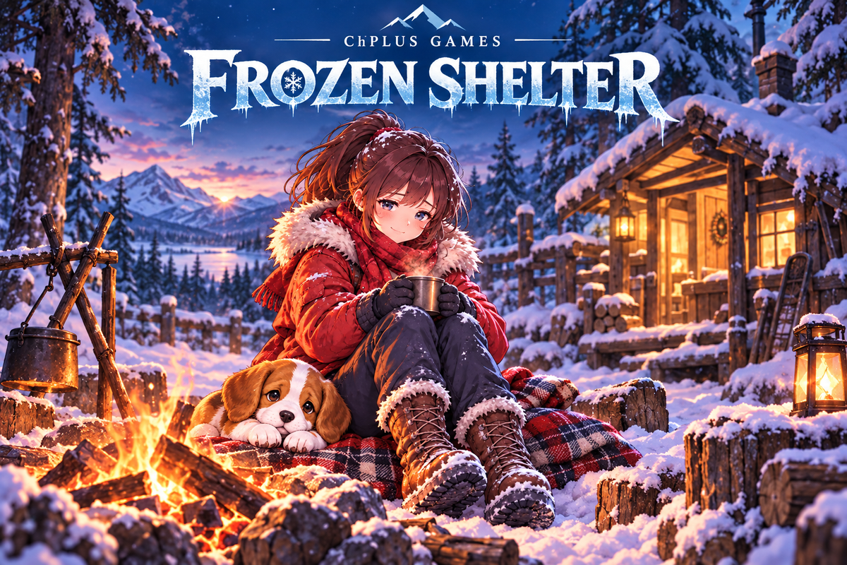눈 덮인 오두막 앞의 주인공과 강아지, FROZEN SHELTER 홍보 원화